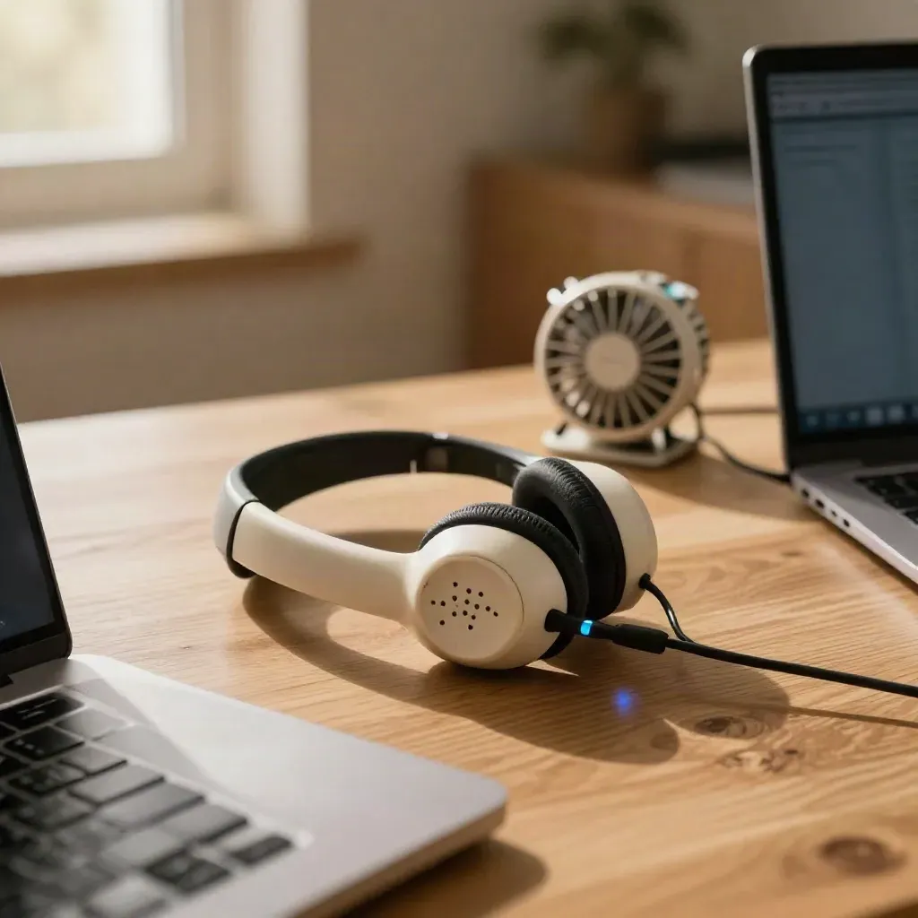 Warm helpdeskwerkplek met handset, headsetdock, kaartjes en gesloten laptop in zacht daglicht.