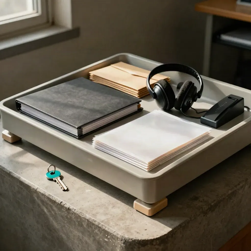 Lage scanruimte met sorteerbakken, headset en envelopstapels in koel teal licht.