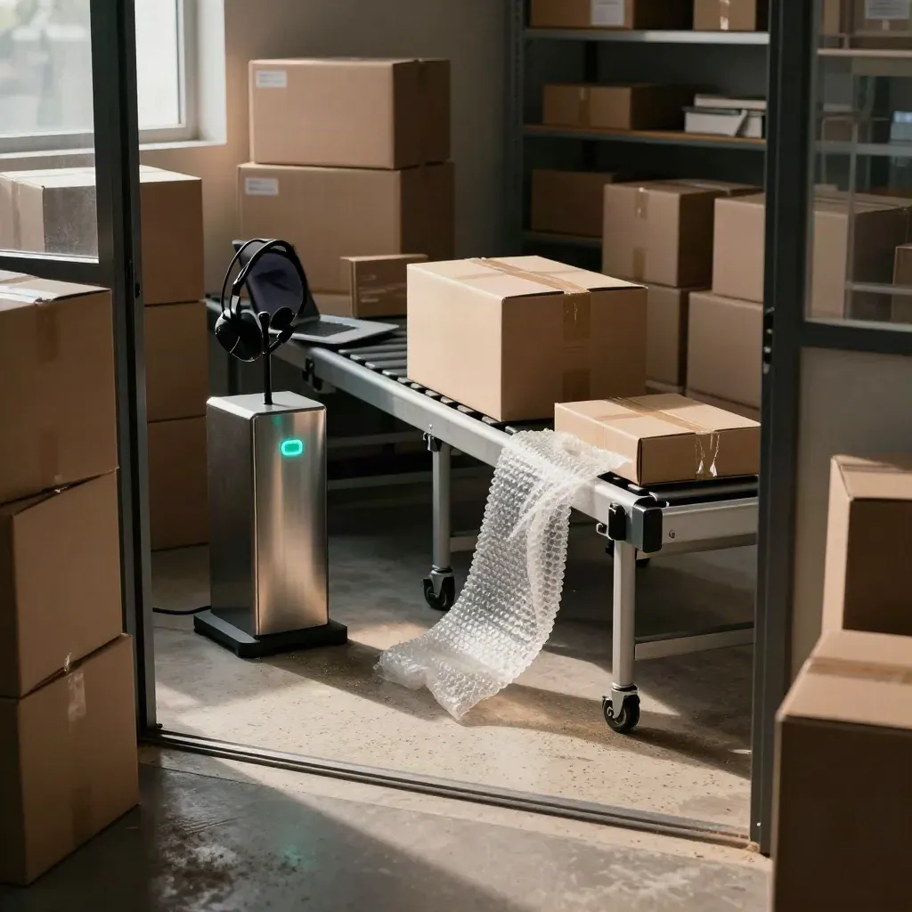 Webshop-supporthoek met dozen, headsetdock, laptop en lopende pakketten in magazijnsfeer.
