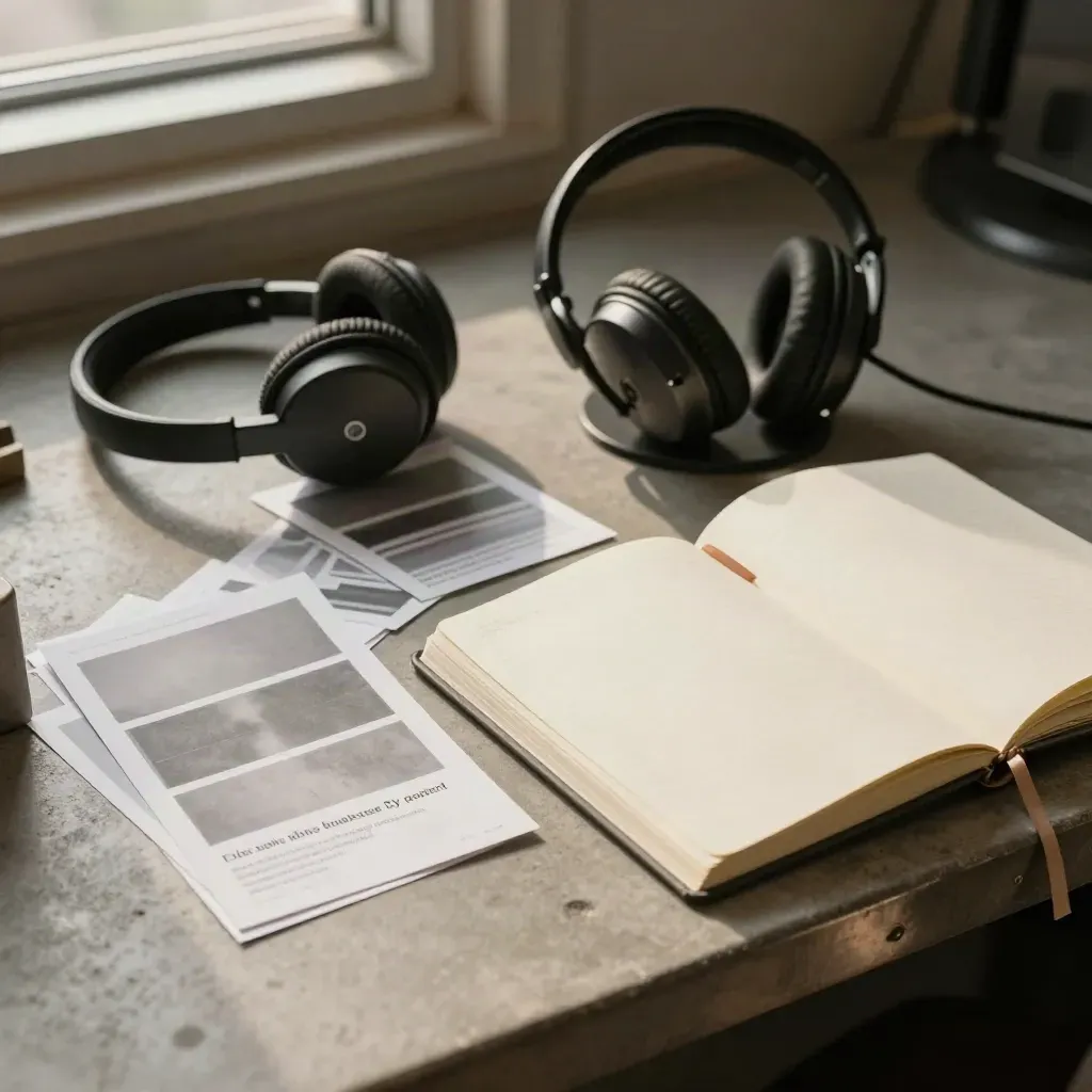 Bovenaanzicht van scriptkaartjes, open notitieboek en headset op een concrete supportwerkplek.