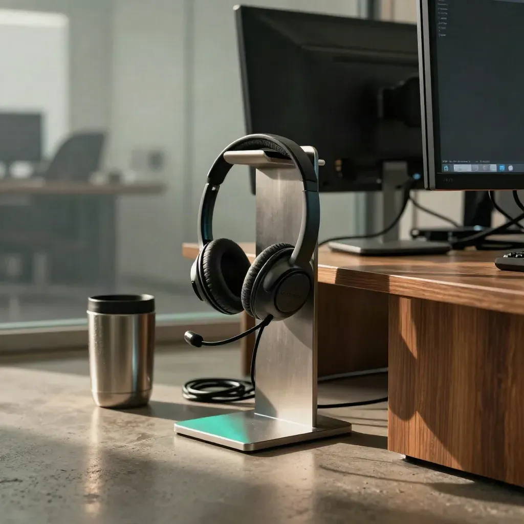 Laag hoekbeeld van een Nederlandse helpdeskhoek met headset, monitorranden en thermosmok in warm licht.