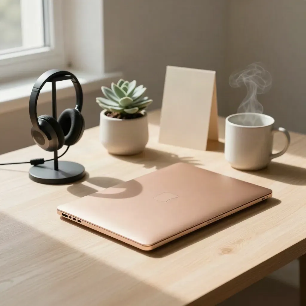 Gesloten laptop met headset, plantje en mok op licht houten blad, voor webshopchat.