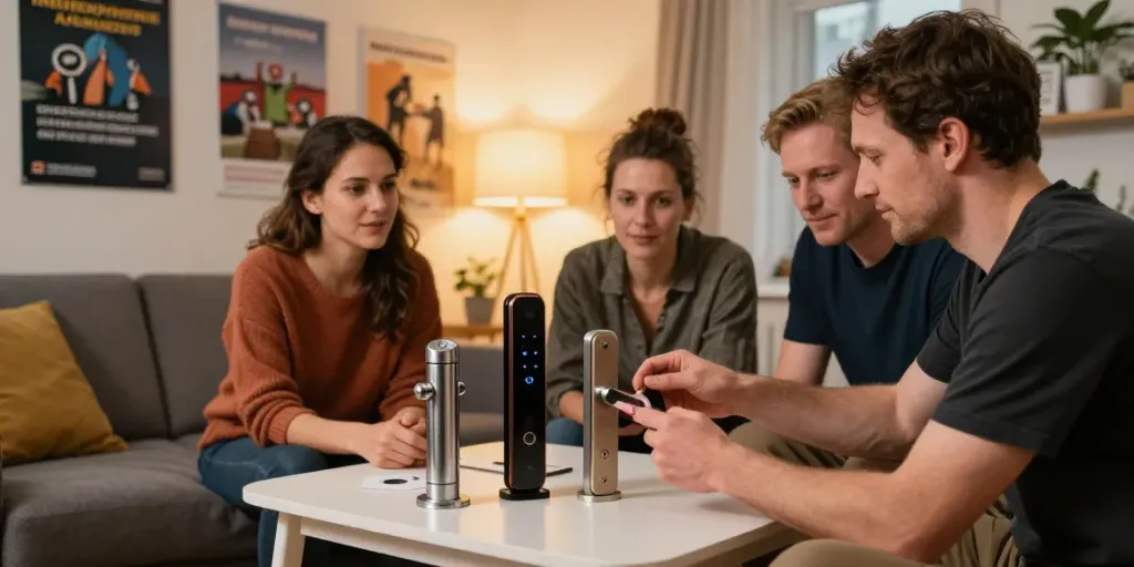 Professionele slotenmaker toont deurbeveiliging Arnhem aan huiseigenaren in een gezellige woonkamer.